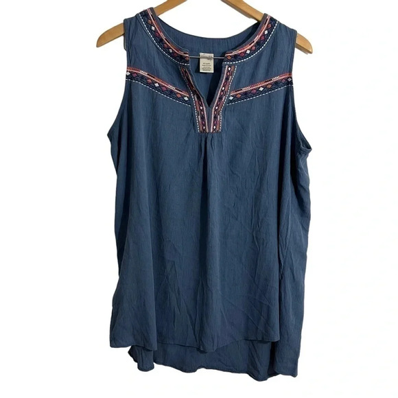 Terra & Sky Embroidered Blue Tank Top 0X Flowy Sleeveless Boho V Neck Pullover - Picture 1 of 6